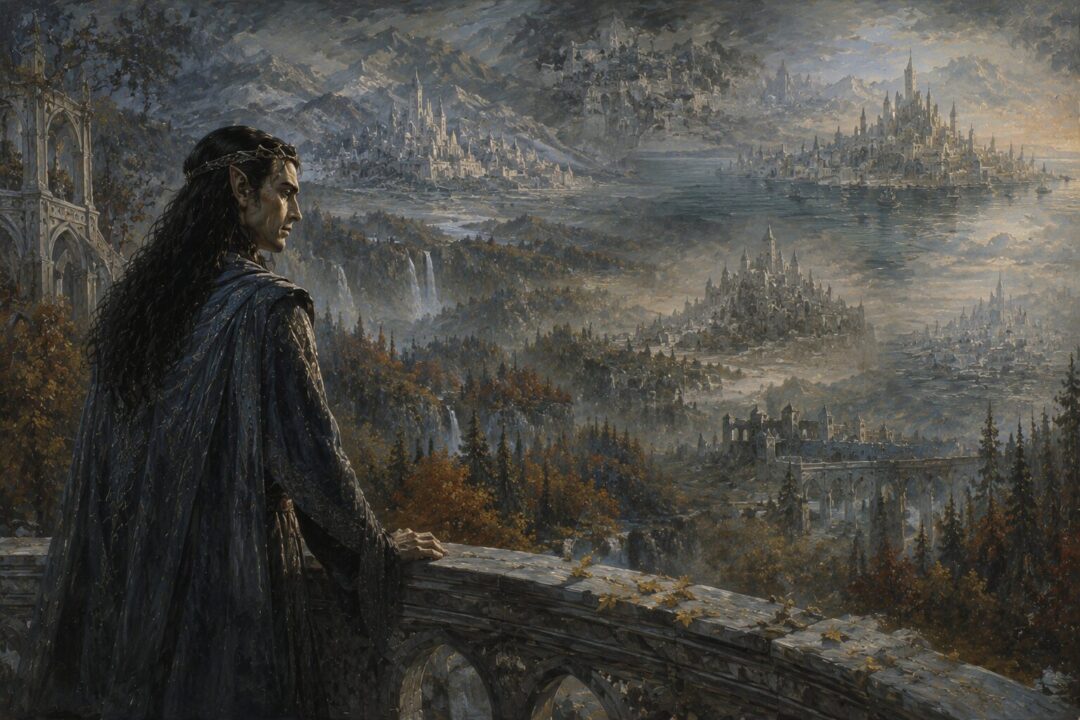 Elrond reflecting over centuries of fading kingdoms from Rivendell.