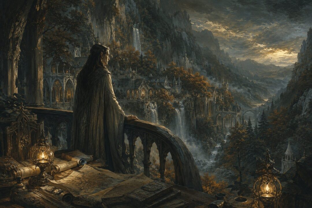 Elrond looks out from Rivendell over waterfalls and autumn trees as the refuge preserves ancient memory.