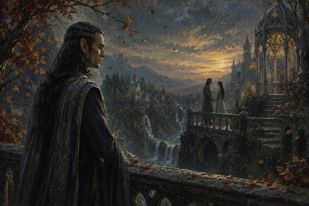 Elrond reflects upon Aragorn and Arwen's love from a quiet terrace in Rivendell.