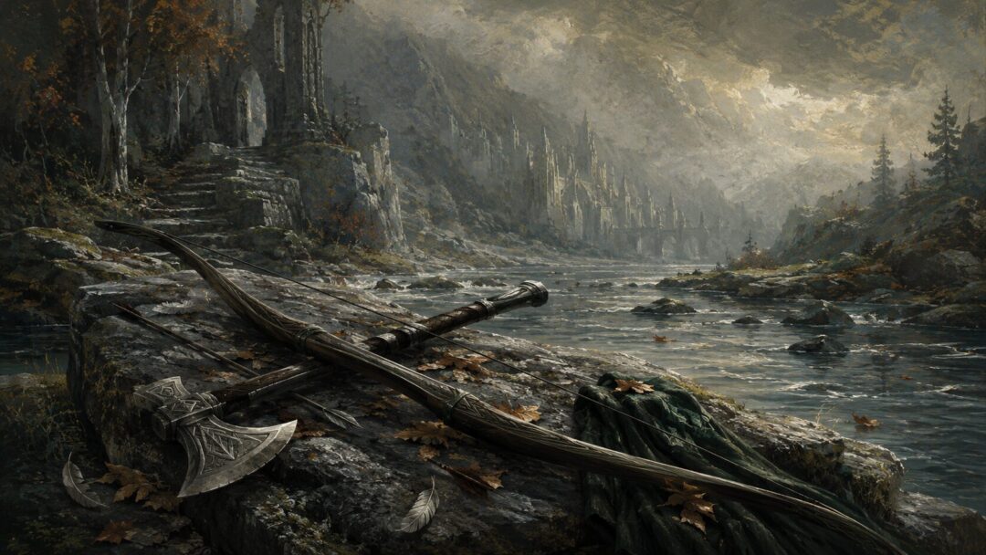 An Elven bow and Dwarven axe rest together as a symbol of the Fellowship’s end.