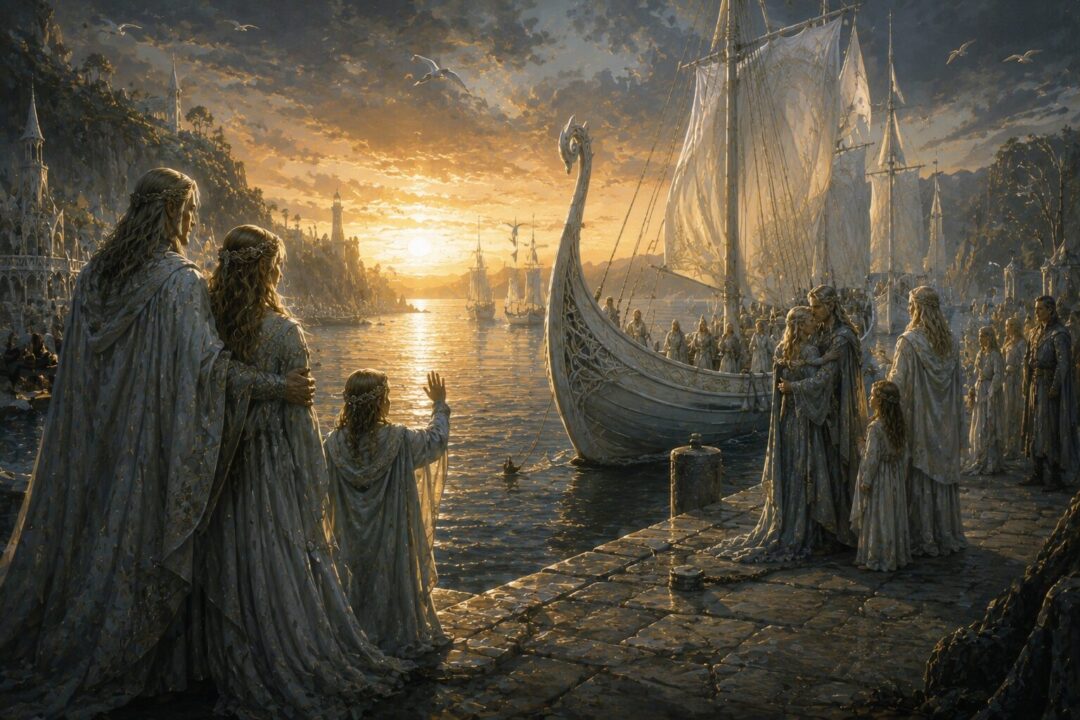 Elven families preparing to sail west from the Grey Havens at sunset.