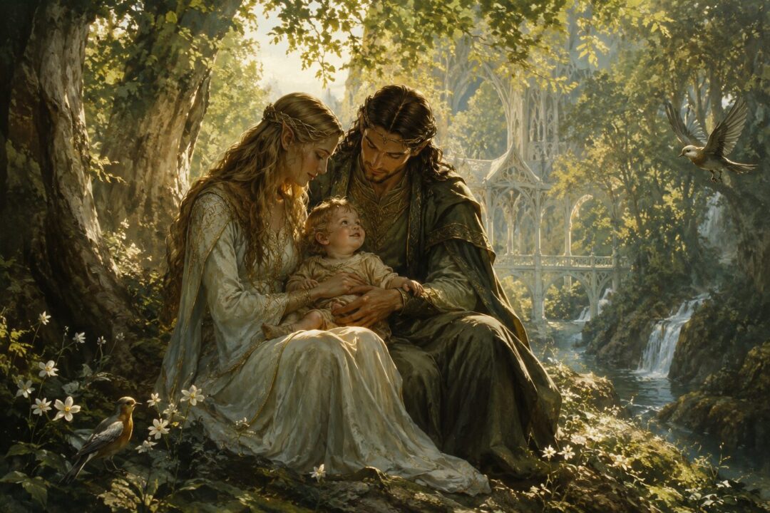 An Elven couple lovingly holding their single young child in a peaceful woodland garden.