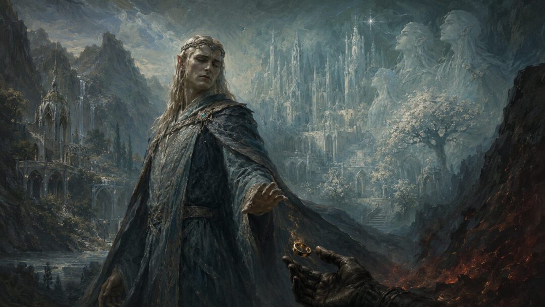 An Elven lord lowers his hand before the Ring while visions of preserved towers and fading starlight rise behind him.