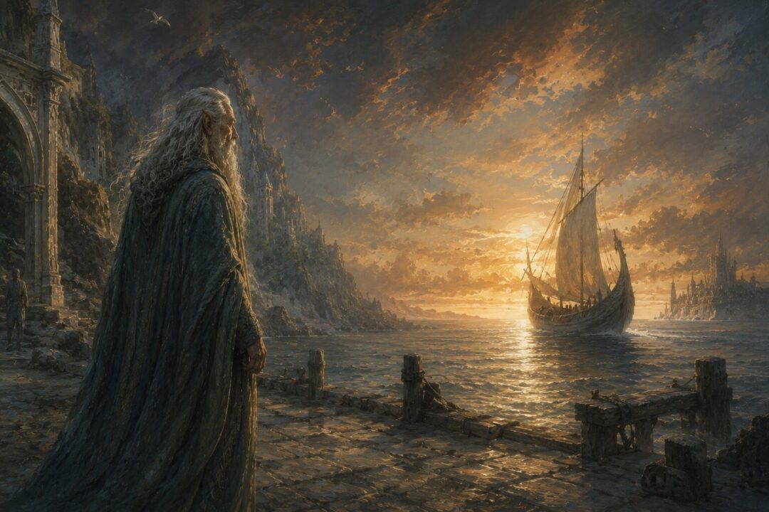 An Elven ship sailing west from the Grey Havens while Círdan remains on the shore.