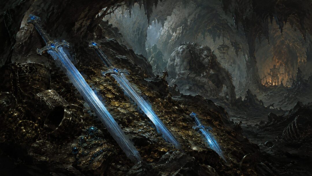 Ancient Elvish blades from a troll-hoard glow faintly among old treasure