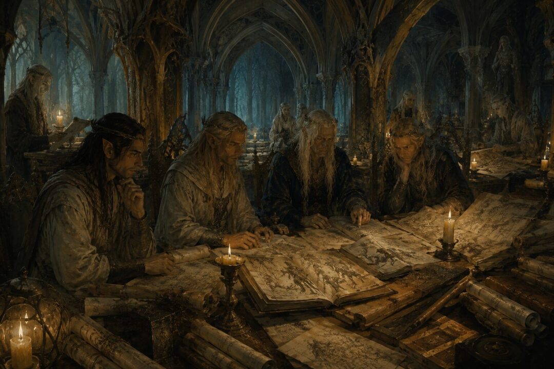 Elvish scholars studying ancient manuscripts that preserve differing traditions about the origin of Orcs.