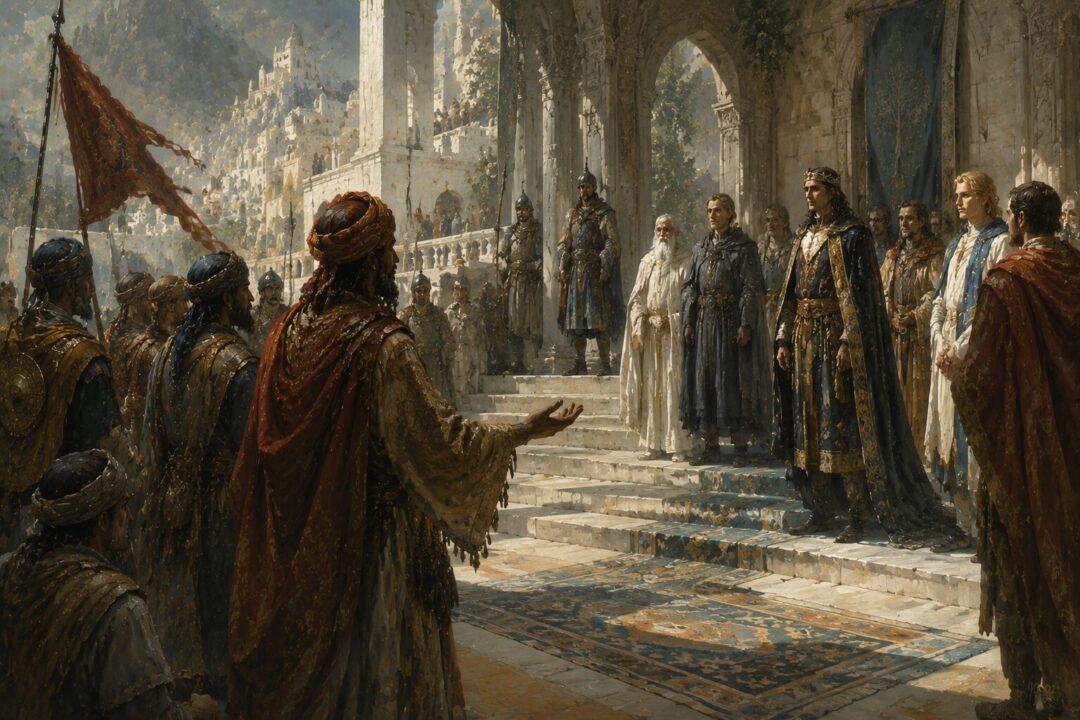 Peaceful envoys from Harad arriving at King Elessar's court in Minas Tirith.
