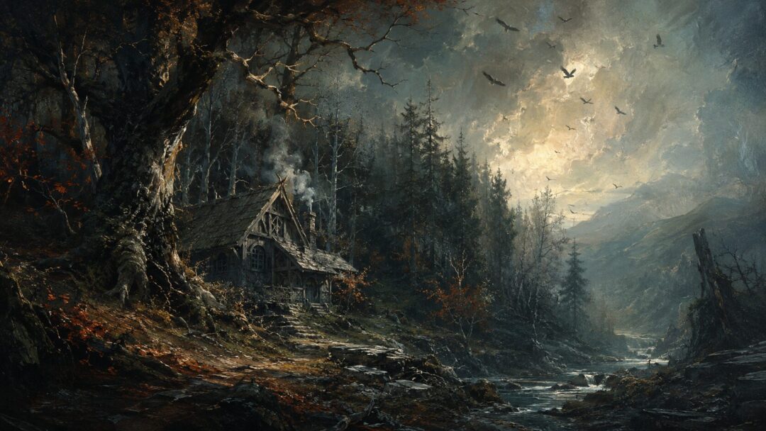 Empty Rhosgobel near the edge of Mirkwood with birds circling above the trees.