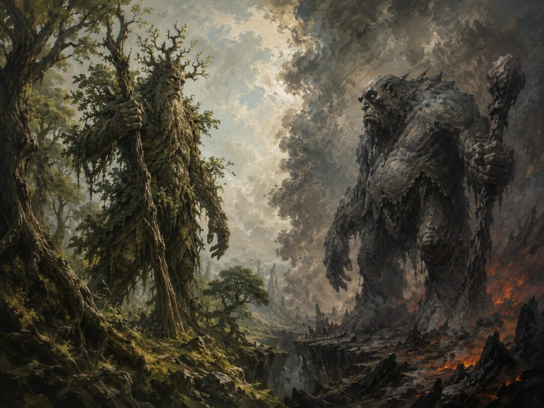 A living Ent and a crude Troll stand as contrasting symbols of true guardianship and corrupted imitation.