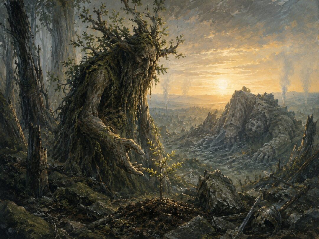 An Ent watches over a young tree at dawn while a defeated Troll lies turned to stone.