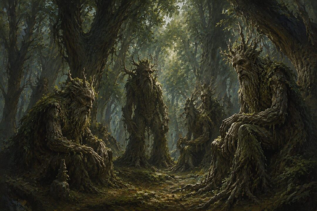 Ancient Ents gathered in a forest glade reflecting on loss and memory