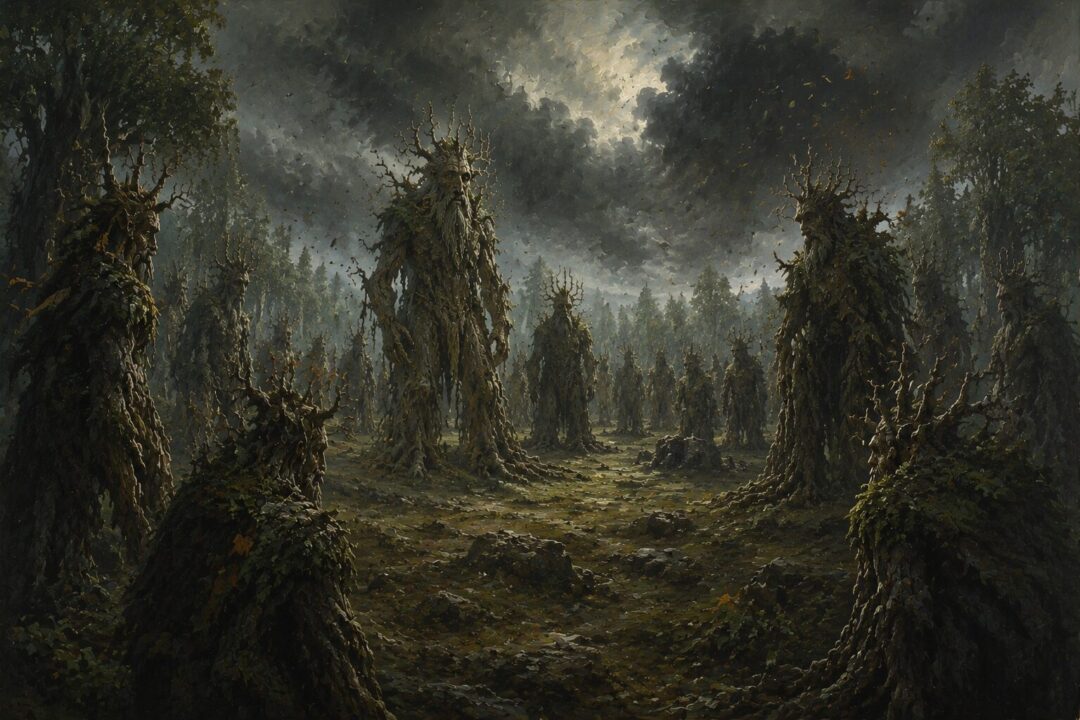 The Entmoot with Ents standing in silent deliberation under stormy skies