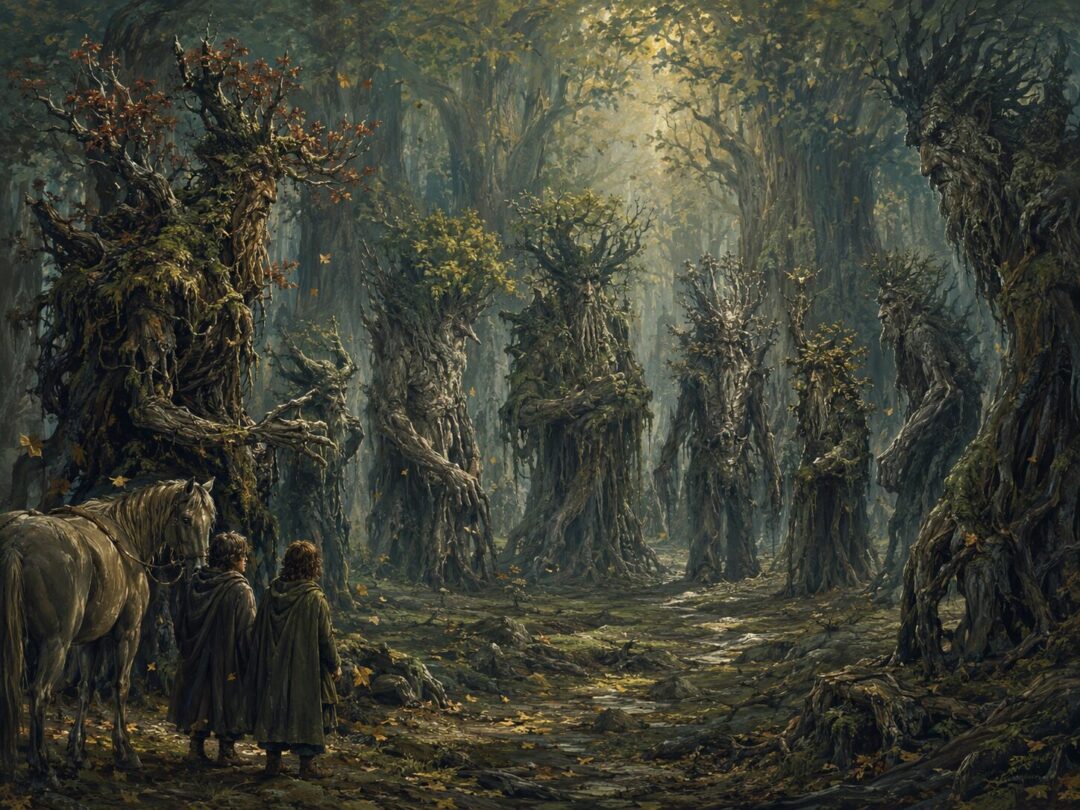The Entmoot at Derndingle with ancient Ents slowly deliberating in a forest hollow.