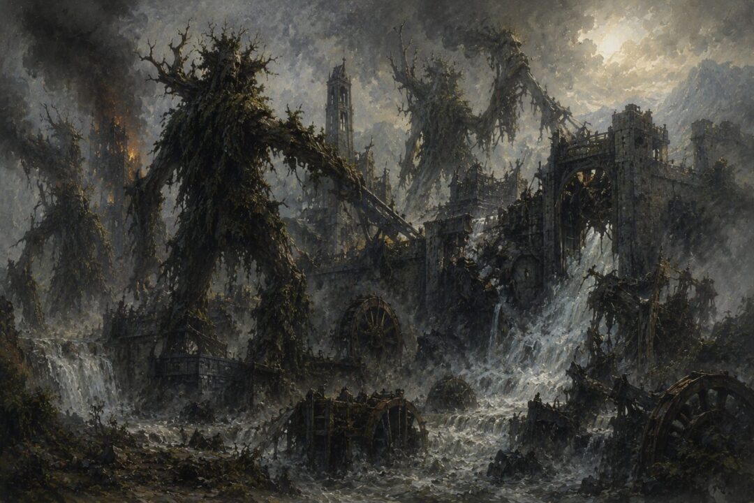 Ents breaking Isengard as floodwaters overwhelm Saruman’s machinery and stone walls