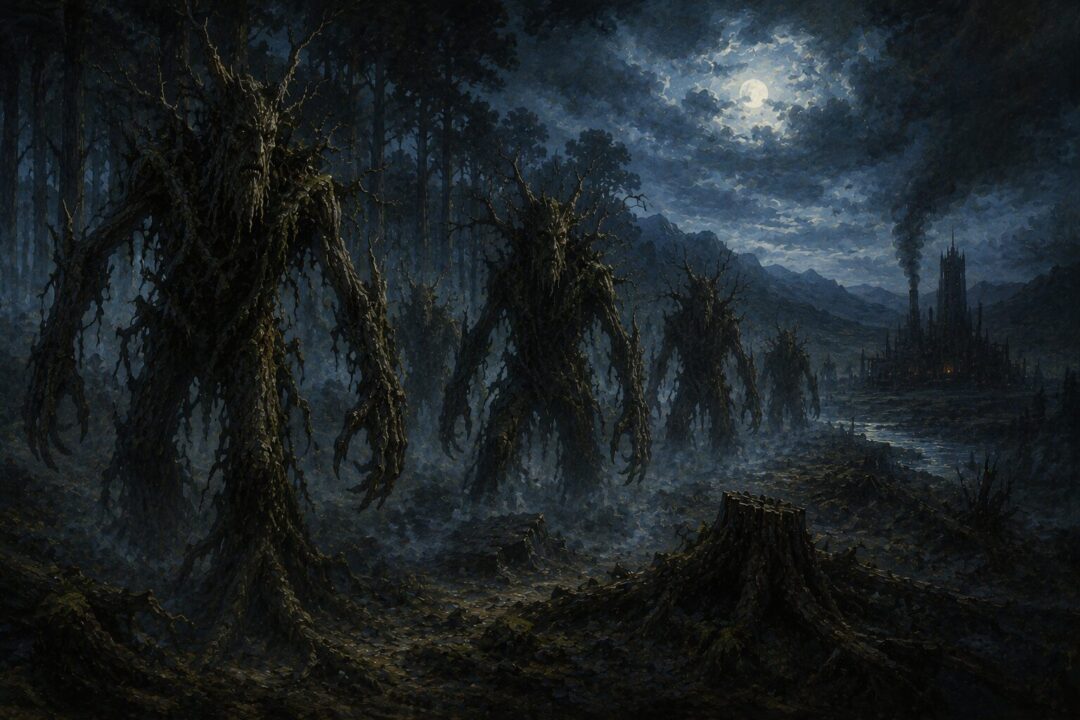 Ents watching floodwaters overwhelm the broken machinery of Isengard