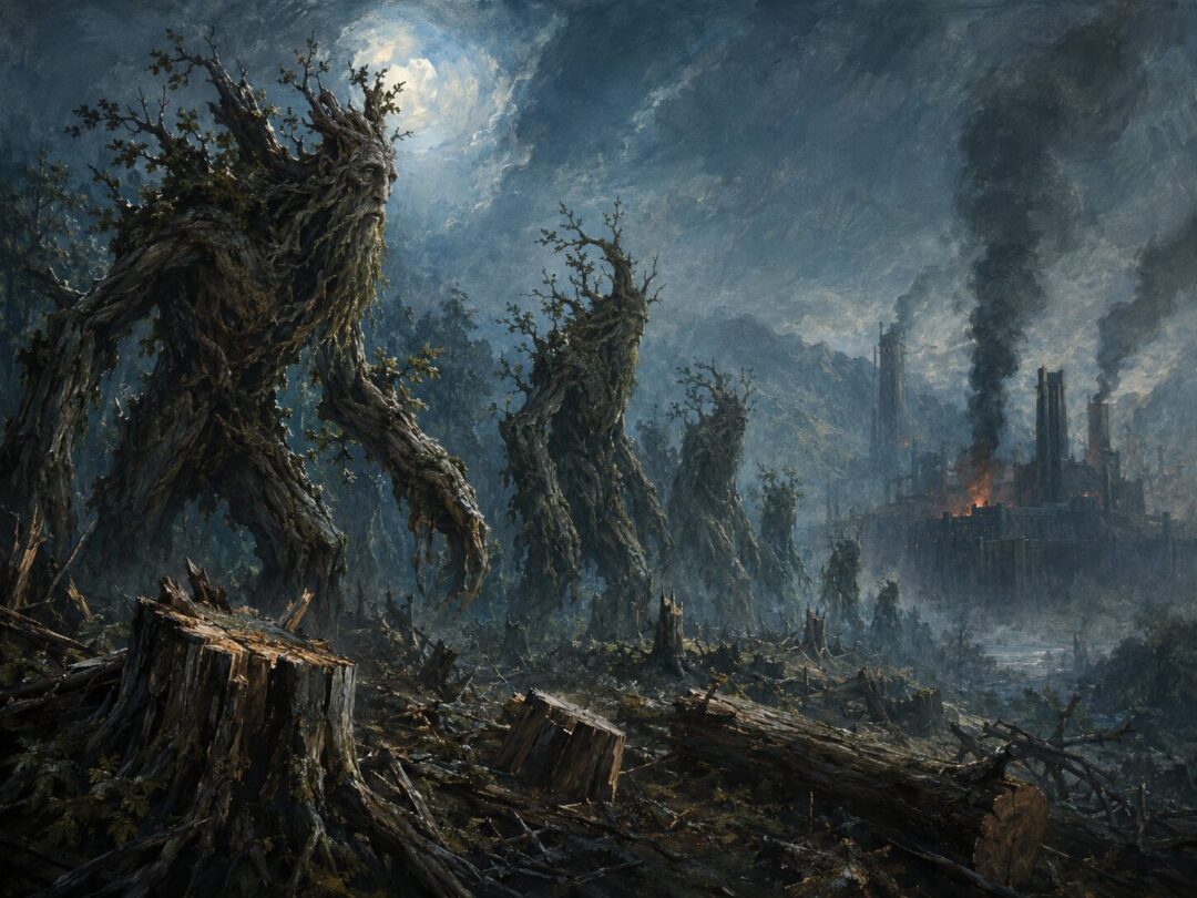 The Ents march through a wounded forest toward smoky Isengard after seeing felled trees.