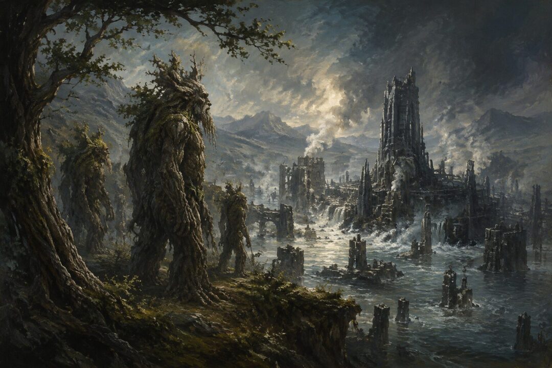 Ents watching flooded ruins of Isengard at the edge of Fangorn Forest
