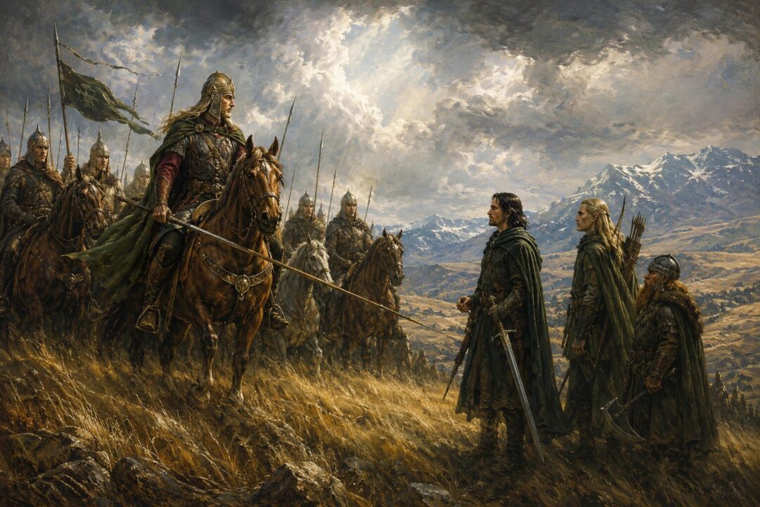 Éomer cautiously meeting Aragorn, Legolas, and Gimli on the plains of Rohan.