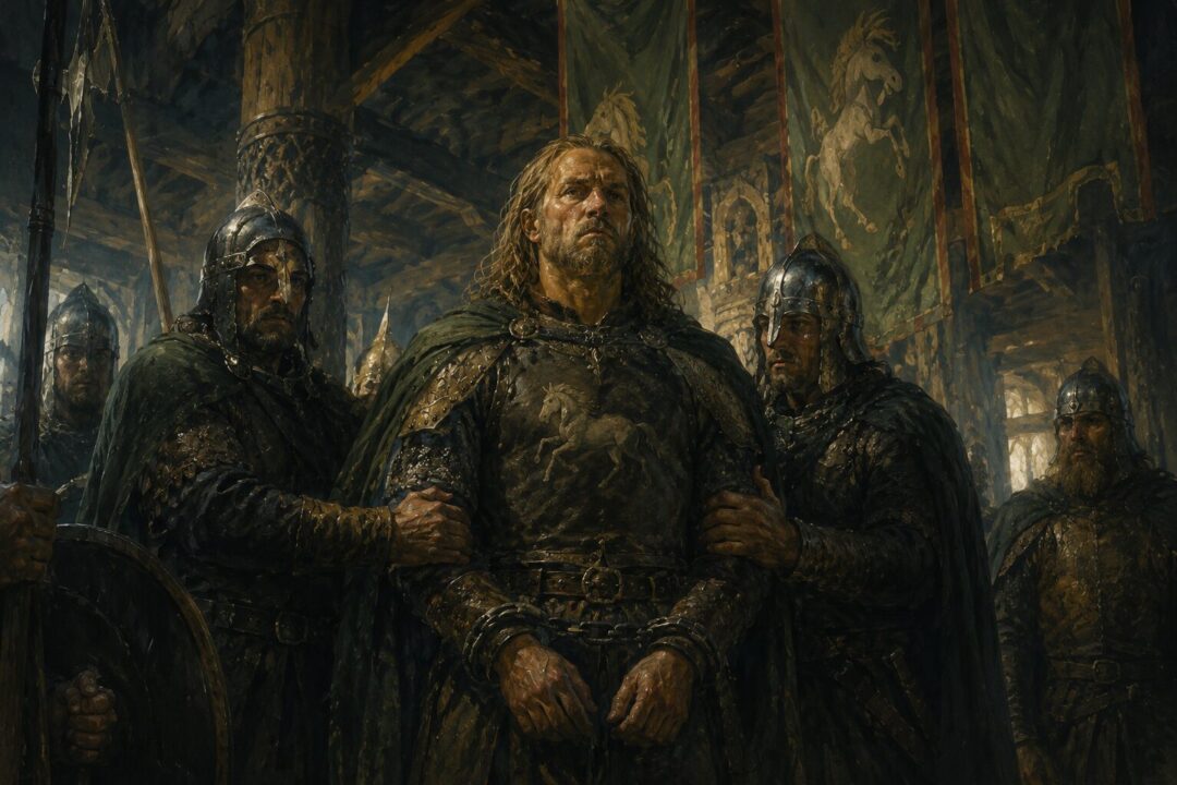 Éomer standing defiantly under guard after being imprisoned during Gríma's influence over Rohan