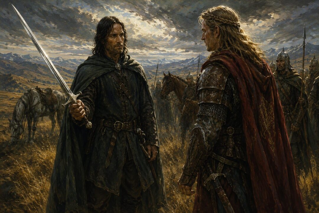 Éomer deciding to lend horses to Aragorn and his companions despite the risks.
