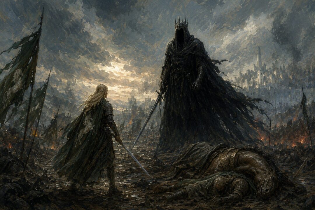 Éowyn stands before the Lord of the Nazgûl on the Pelennor Fields with Théoden fallen behind her.