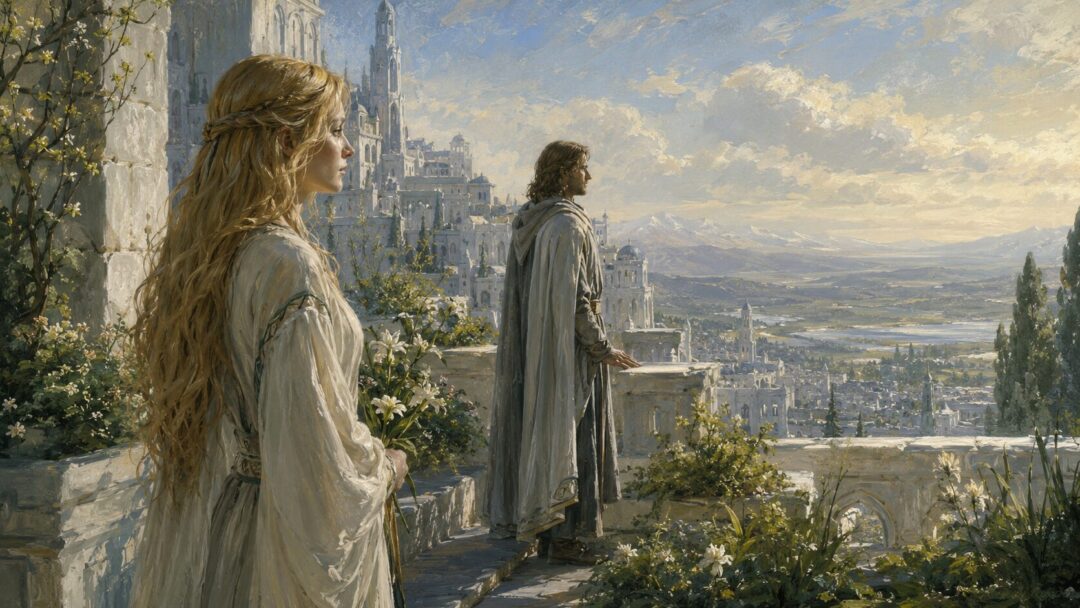 Éowyn stands between fallen Théoden and the Witch-king of Angmar on the Pelennor Fields.
