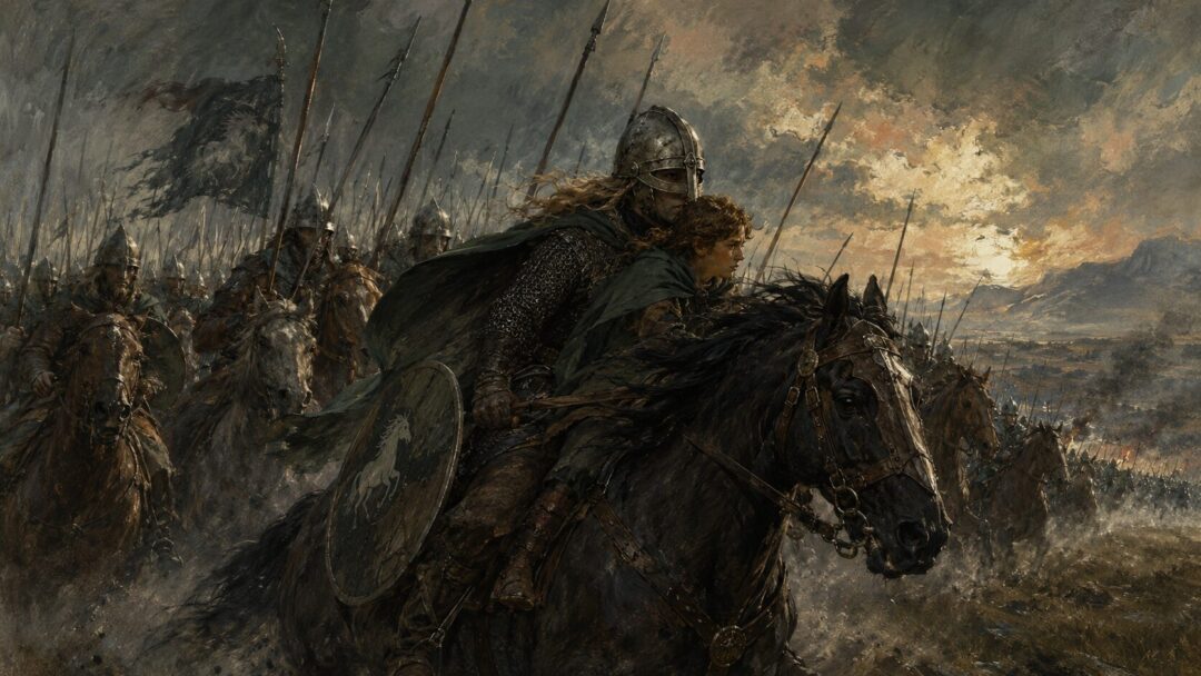 Éowyn looks from Dunharrow toward dark mountain roads, torn between duty and the desire to ride to war.
