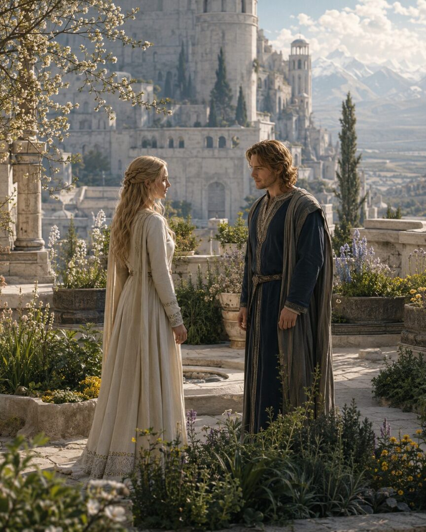 Éowyn and Faramir stand in the gardens of the Houses of Healing as spring light returns to Minas Tirith.