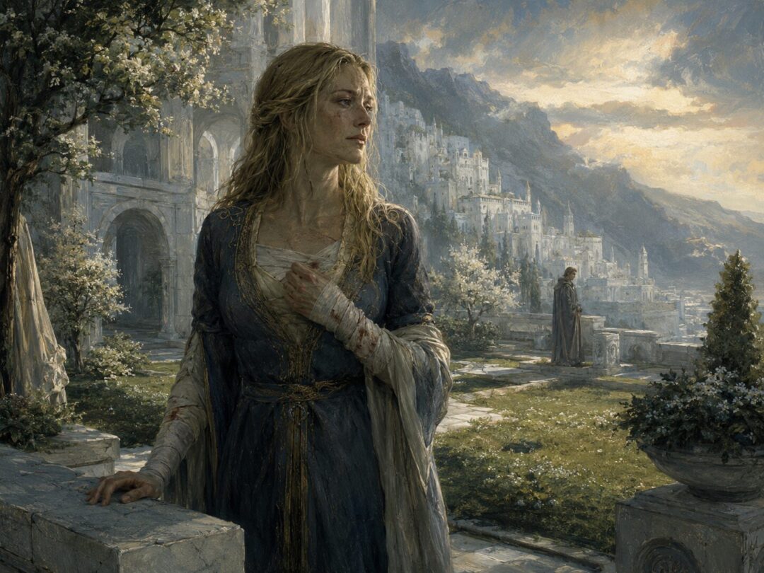 Éowyn recovering in the gardens of the Houses of Healing as sunlight returns to Minas Tirith