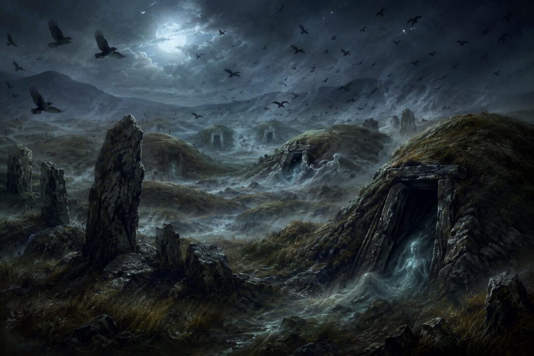 Shadowy evil spirits entering the deserted mounds of the Barrow-downs after the Great Plague.