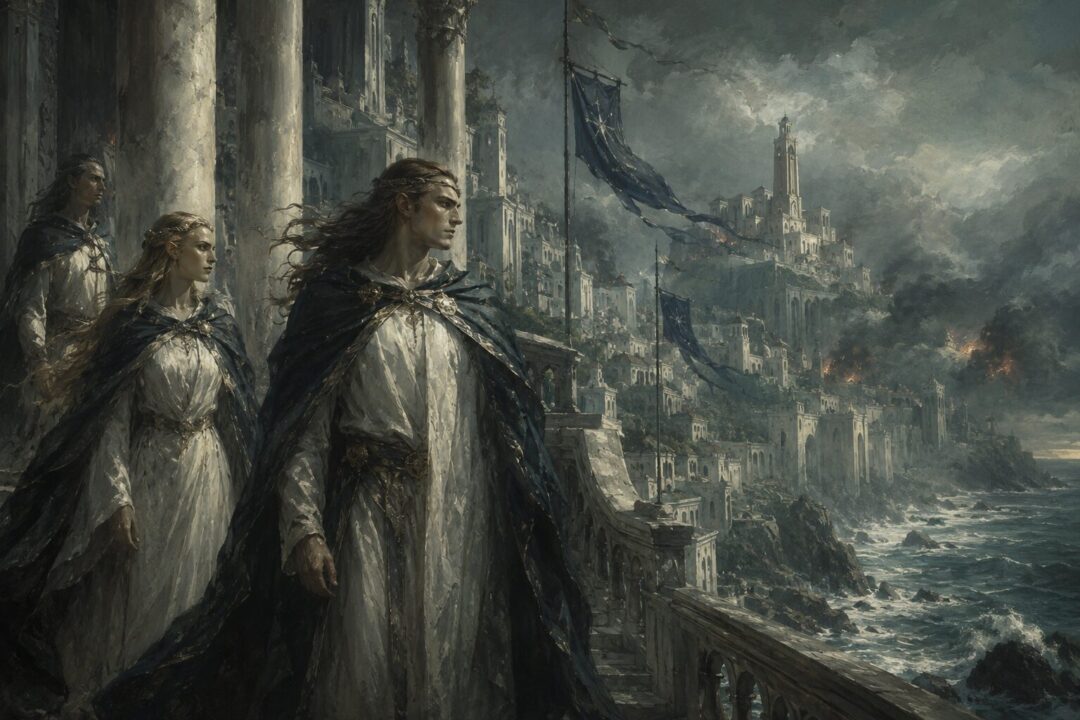 Faithful Númenóreans stand in solemn defiance within a shadowed island kingdom turning away from the West.