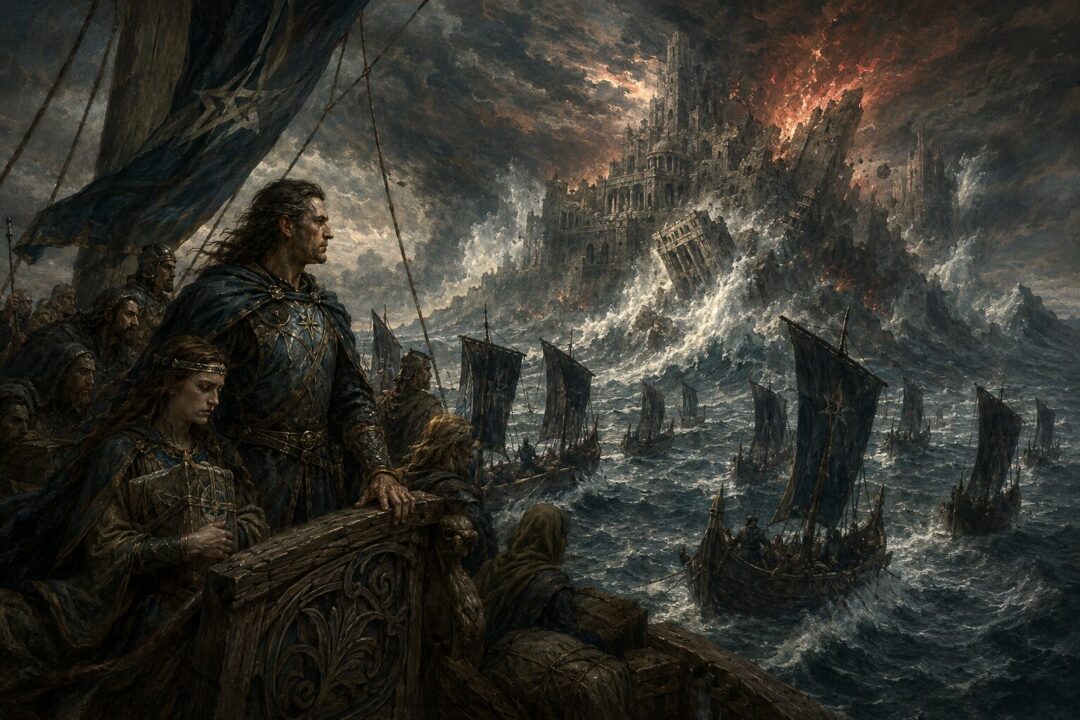 The Faithful of Númenor flee eastward in ships as the island falls behind them beneath storm and waves.
