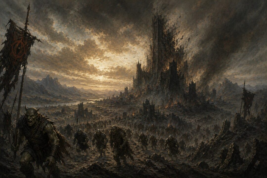 The collapse of Mordor and the scattering of Sauron's armies after the Ring is destroyed