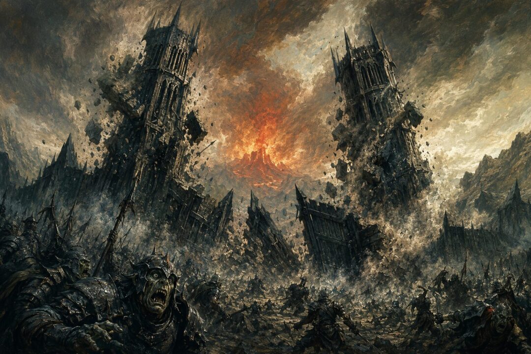 The Towers of the Teeth and the Black Gate collapsing after the fall of Sauron.