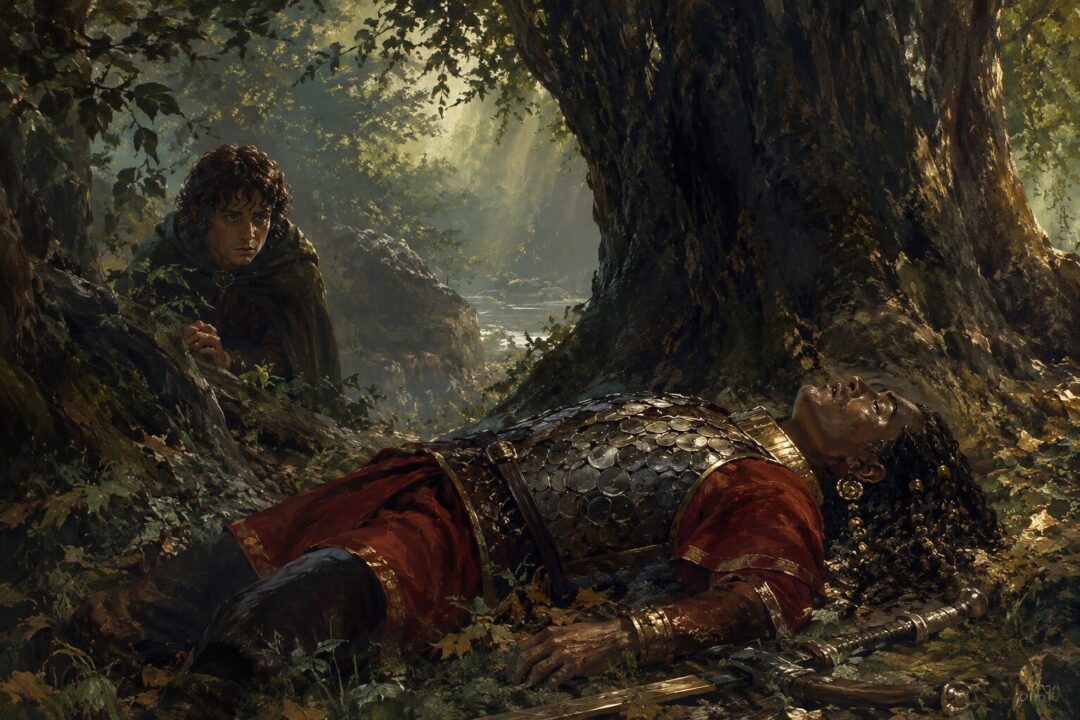 Frodo quietly looking upon a fallen Harad warrior in Ithilien after battle.
