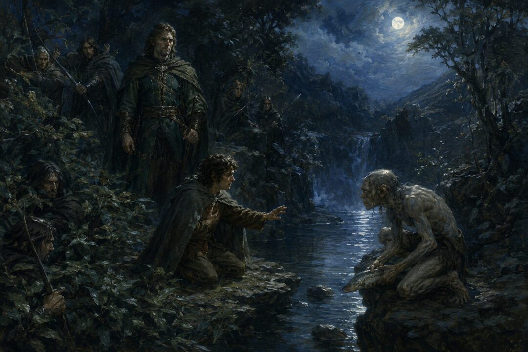 Frodo pleads for Gollum before Faramir’s hidden rangers at the Forbidden Pool.