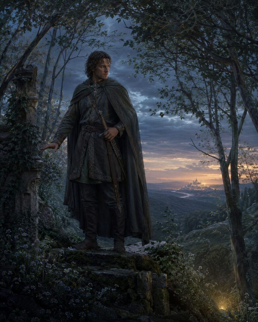 Faramir stands in Ithilien at twilight, representing Gondor’s humility and refusal of forbidden power.
