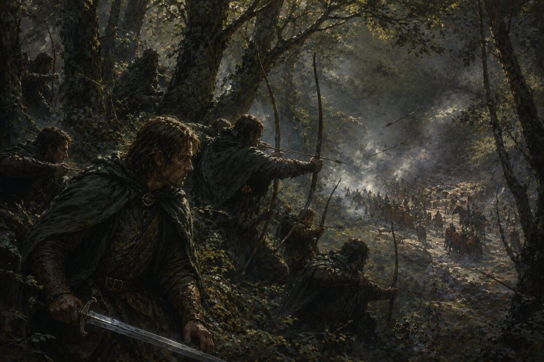 Faramir's Rangers launching their ambush against Haradrim forces in Ithilien.