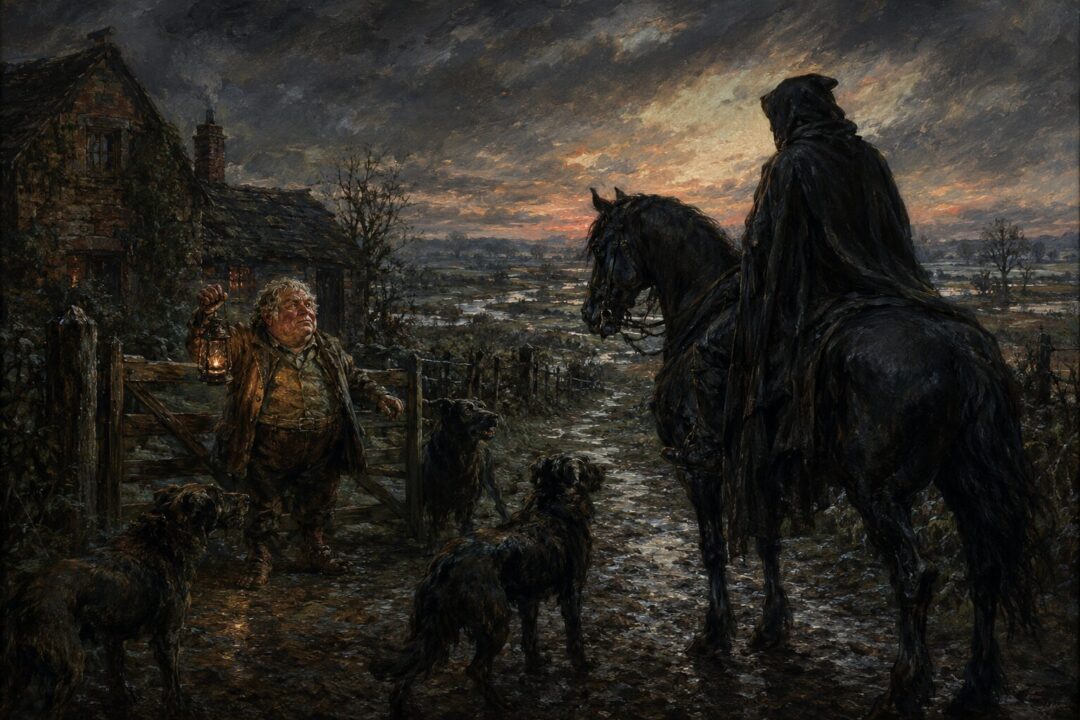 Farmer Maggot confronts a black-cloaked rider at the gate of Bamfurlong with his dogs nearby.