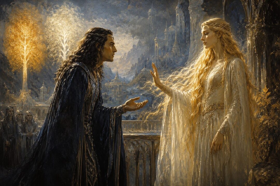 Galadriel refusing Fëanor's request for a tress of her hair in the light of Valinor.