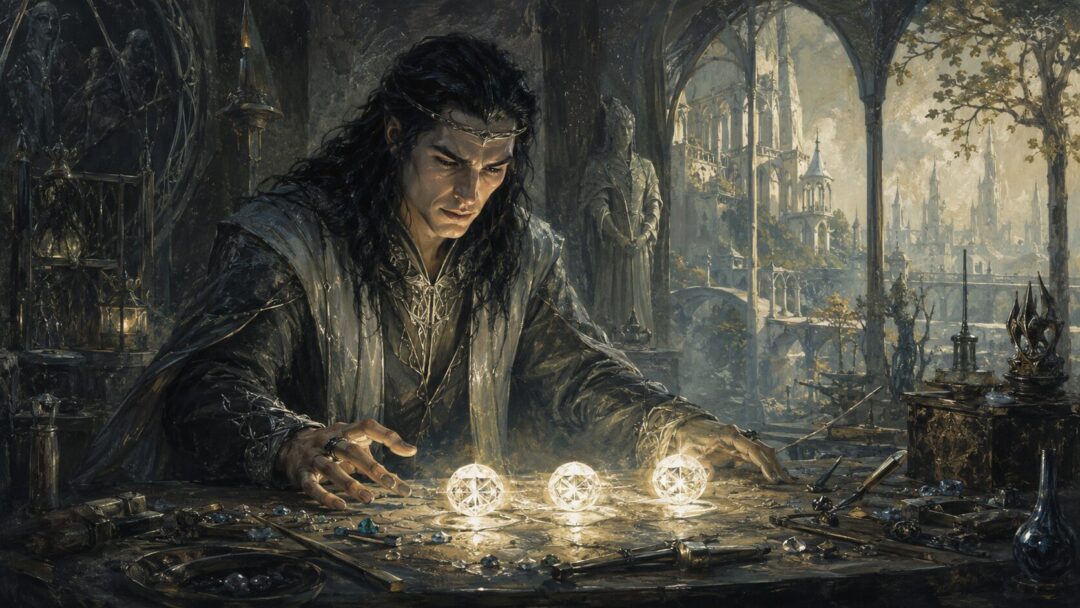 Fëanor standing in a shadowed Tirion workshop before the glowing Silmarils.