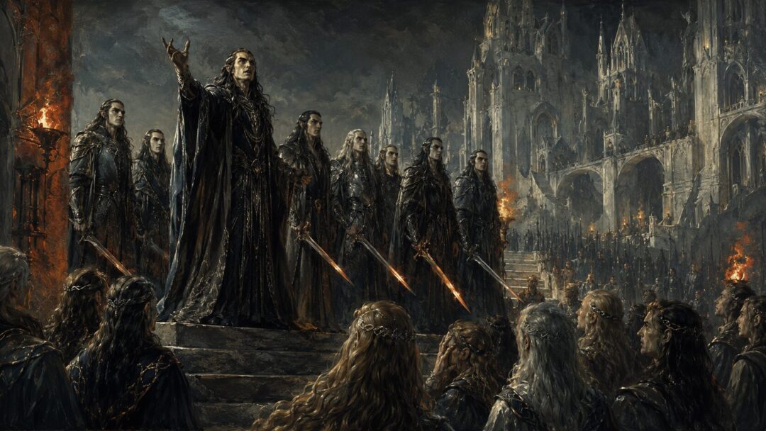 Fëanor addressing the Noldor in torchlit Tirion as his sons stand nearby with drawn swords.