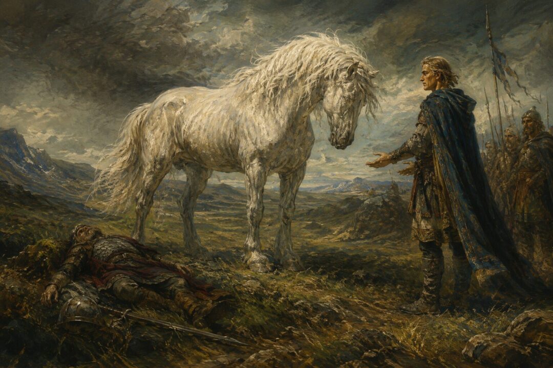 Felaróf peacefully accepting Eorl on the plains after the death of Léod.