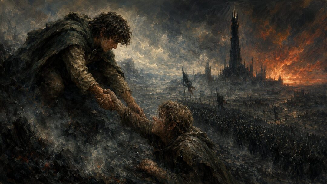 A hobbit hand reaches to lift another from ash while distant towers and armies face a fiery horizon.