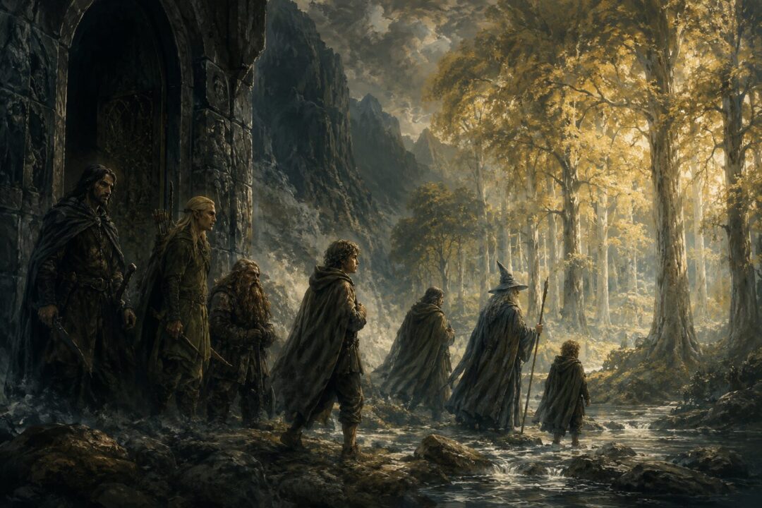 The Fellowship entering the golden borders of Lothlórien after escaping Moria