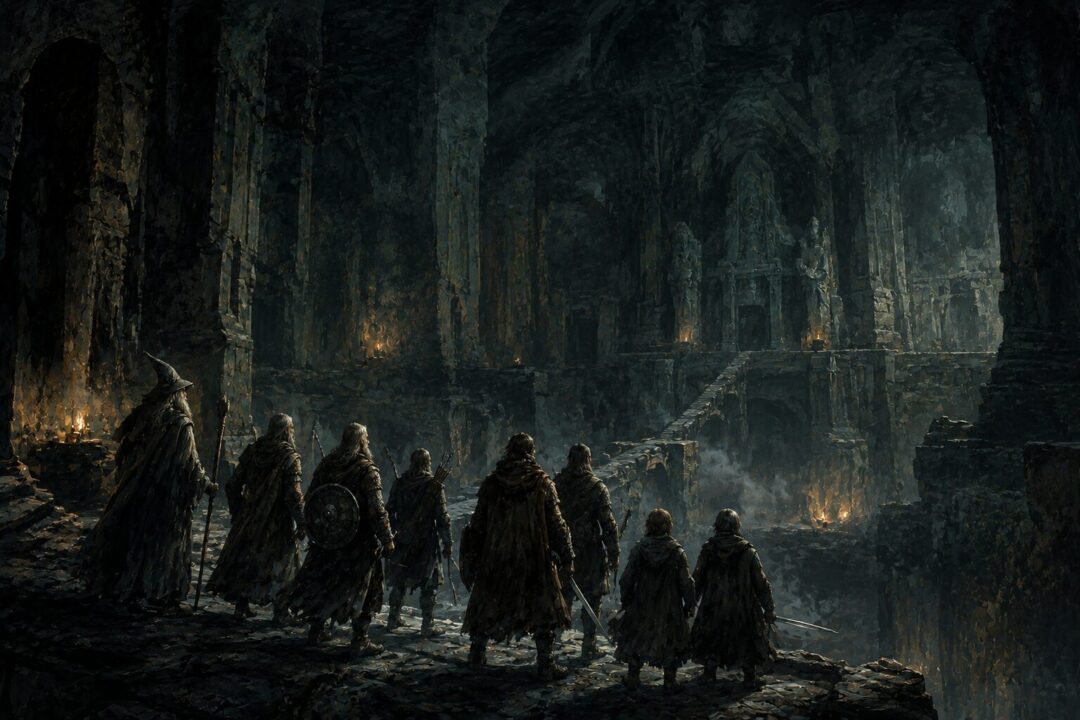 Nine weary travelers stand in a dark Dwarven hall as unseen drums echo through the depths of Moria