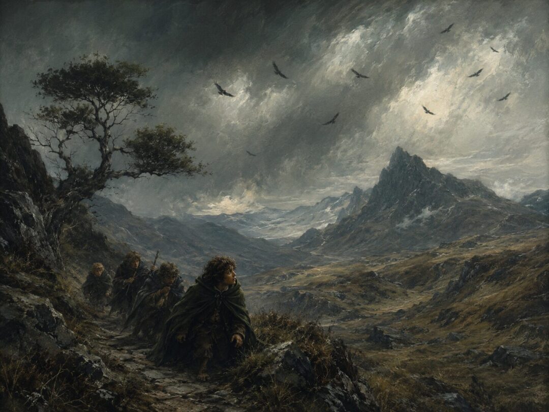 Small travelers move quietly through wild hills while distant dark birds circle in the sky above.