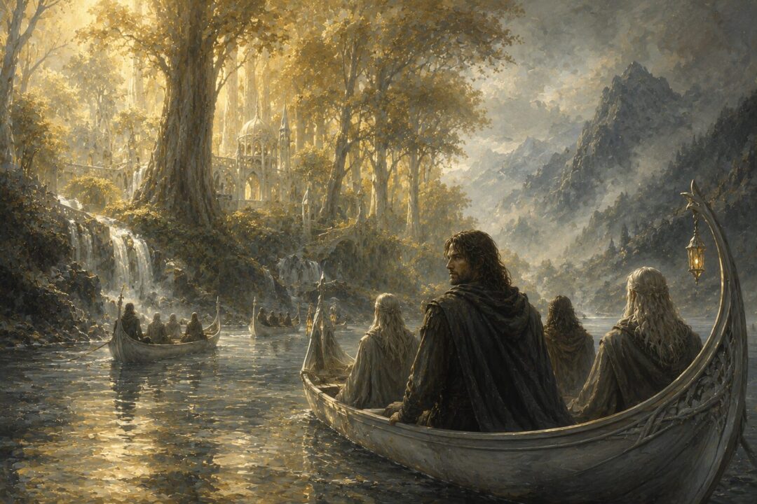 The Fellowship departing Lothlórien by boat as the golden forest fades behind them