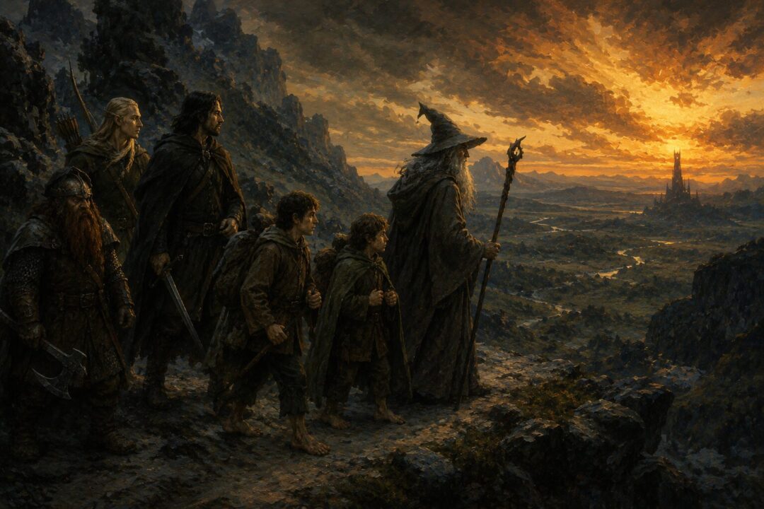 Members of the Fellowship traveling together in trust across Middle-earth