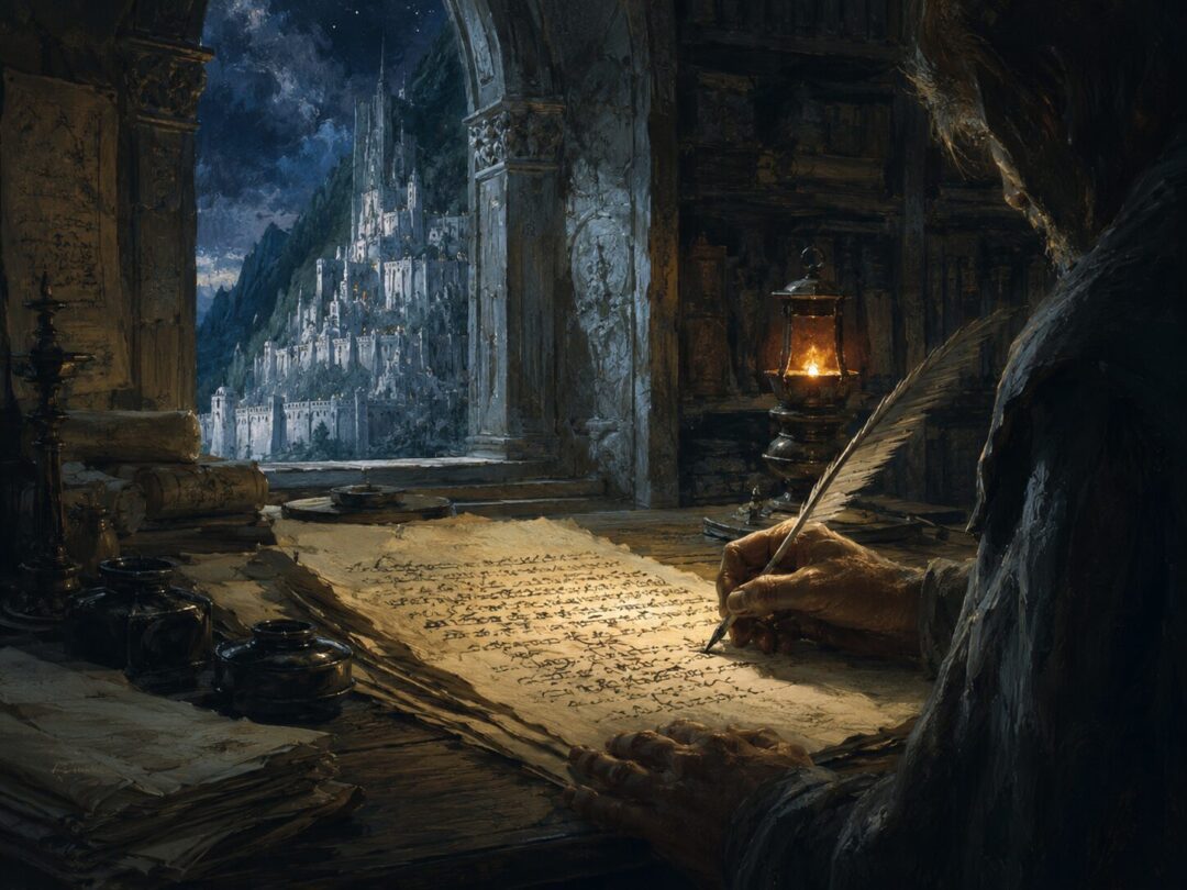 A shadowed scribe finishes copying a manuscript by lamplight in Fourth Age Minas Tirith.